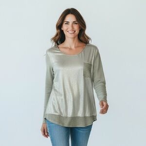 GIGI MODA - STUNNING LIGHTWEIGHT BLOUSE - GOLD & SILVER METALLIC - EXC COND B9